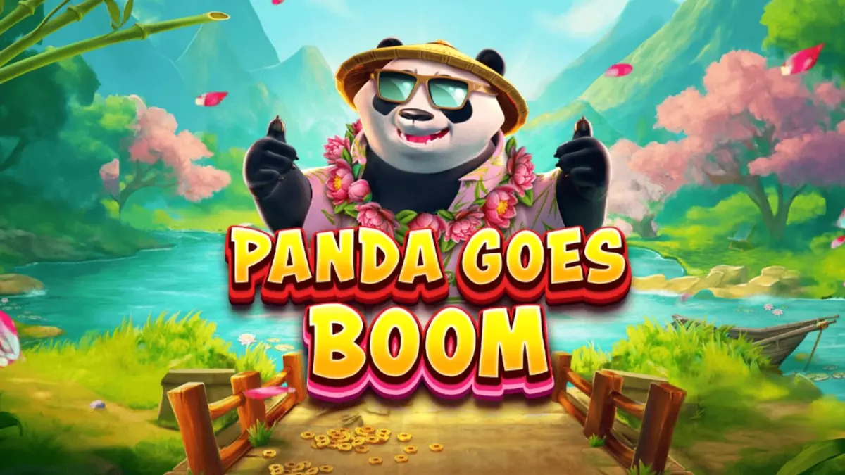 Panda Goes Boom slot game screen featuring a cocktail-sipping panda, bamboo, and traditional Chinese symbols on the reels.