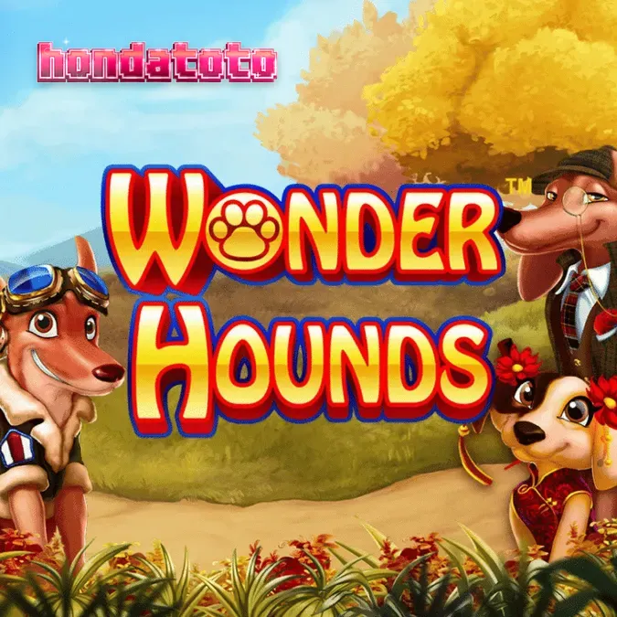 Tampilan antarmuka permainan slot Wonder Hounds dengan tema anjing yang ceria